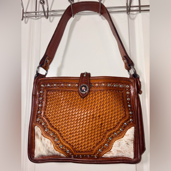 Double J Saddlery Handbags - Double J Saddlery Hand-Tooled Leather Cowhide Crystal Western Shoulder Bag